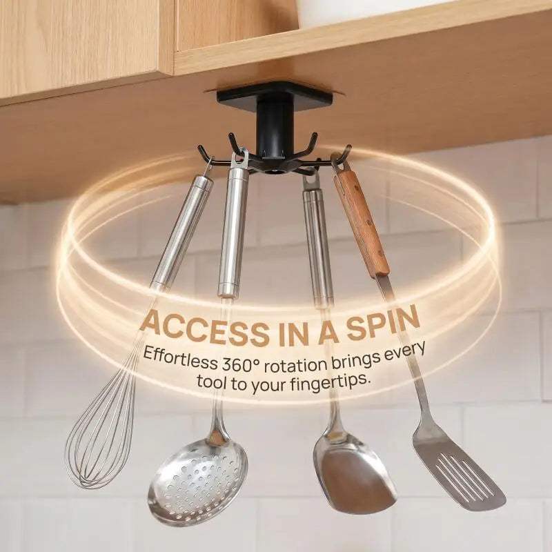 360 Rotating Kitchen Hooks Adhesive Utensil Organizer Rack with 6 Hooks No Drill Cabinet Mount for Spoons Towels & Cups