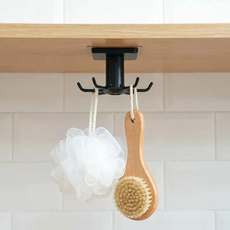 360 Rotating Kitchen Hooks Adhesive Utensil Organizer Rack with 6 Hooks No Drill Cabinet Mount for Spoons Towels & Cups