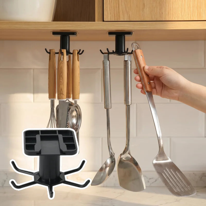 360 Rotating Kitchen Hooks Adhesive Utensil Organizer Rack with 6 Hooks No Drill Cabinet Mount for Spoons Towels & Cups