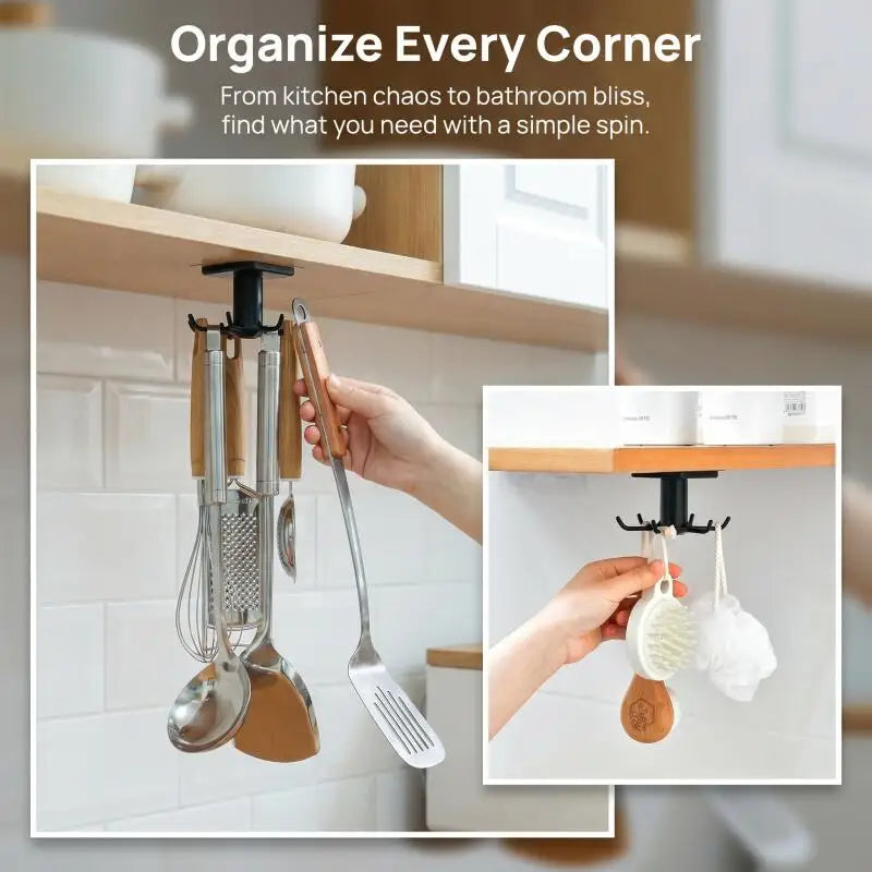 360 Rotating Kitchen Hooks Adhesive Utensil Organizer Rack with 6 Hooks No Drill Cabinet Mount for Spoons Towels & Cups