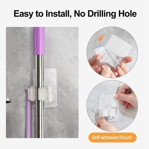 1/2pcs Mop Holder Wall Mount Heavy Duty Broom Hooks Self Adhesive Utility Hanger Mop Broom Organizer Home Kitchen Garden Storage