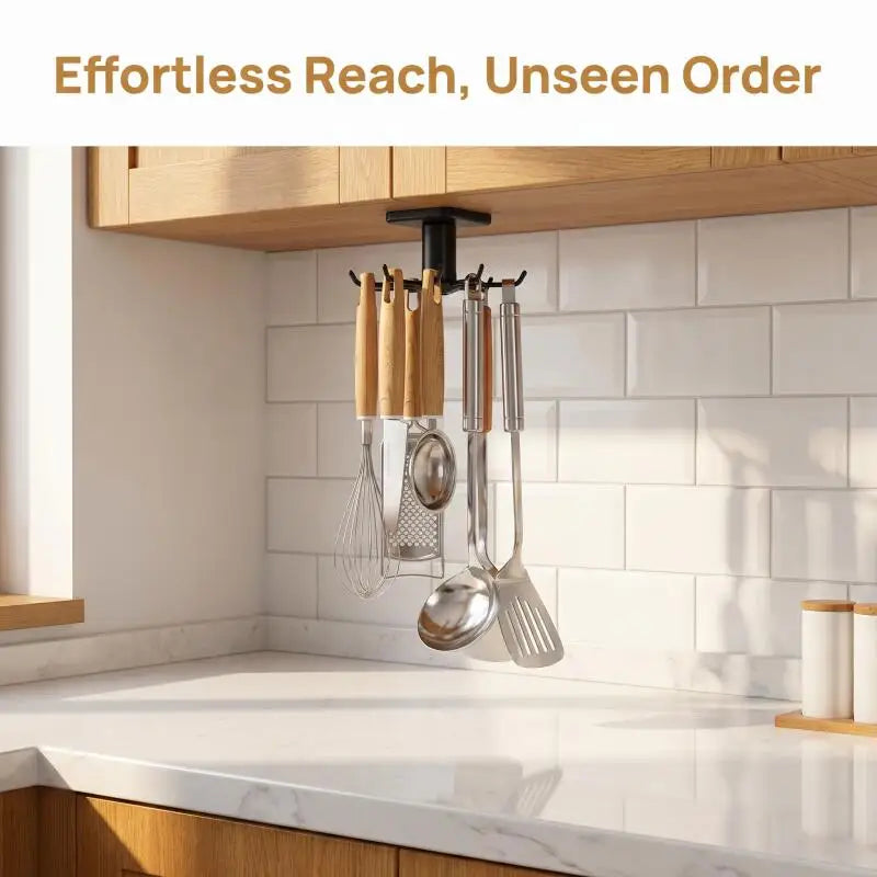 360 Rotating Kitchen Hooks Adhesive Utensil Organizer Rack with 6 Hooks No Drill Cabinet Mount for Spoons Towels & Cups