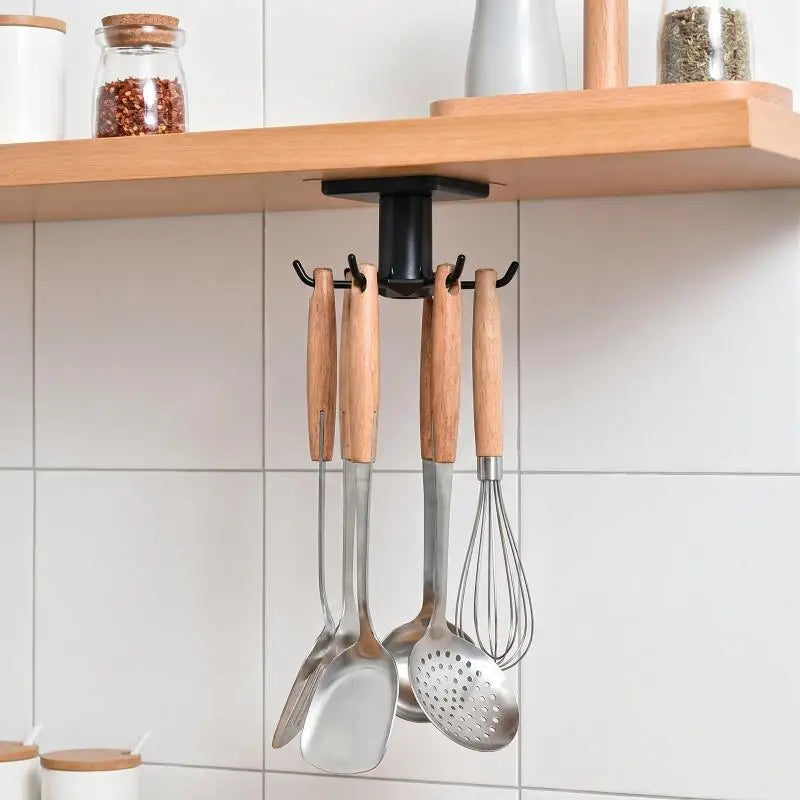 360 Rotating Kitchen Hooks Adhesive Utensil Organizer Rack with 6 Hooks No Drill Cabinet Mount for Spoons Towels & Cups